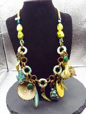 CHICOS CHUNKY SEASHELLS, TURQUOISE, POTTERY & SHELL "SEALIFE CHARMS" NECKLACE 56